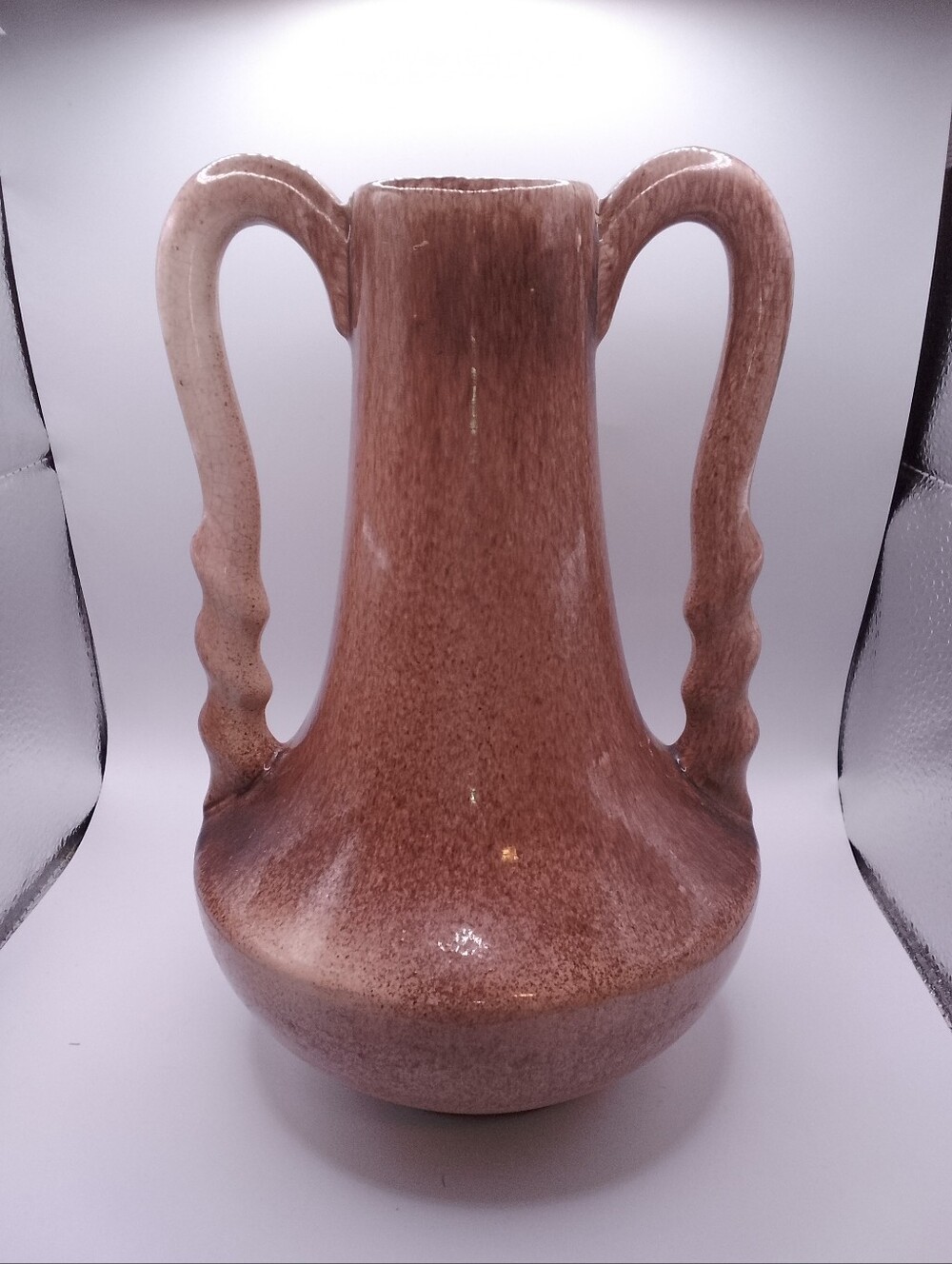 Vintage Gonder H-5 brown spotted glaze Double Handle Pottery Vase 9.5 in. READ
